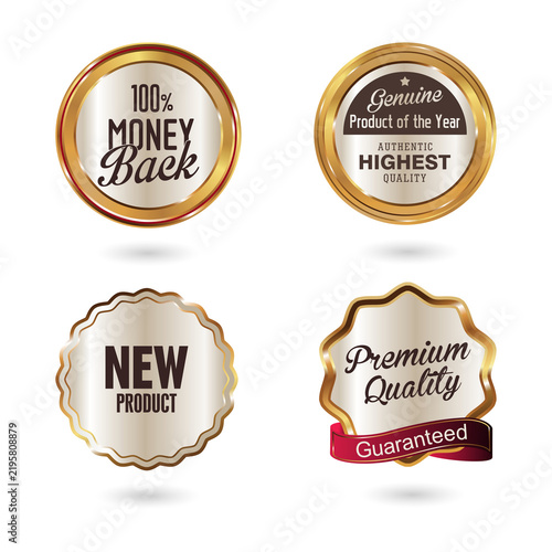 Set of four gold metallic product labels isolated on a transparent background