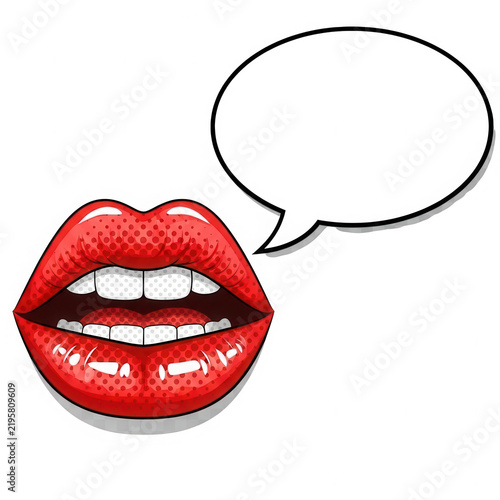 Pixel art red lips with an empty speech bubble for communication isolated on transparent background