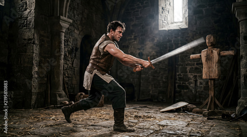 A powerful male warrior in authentic medieval attire vigorously practices sword fighting techniques against a wooden dummy inside a dimly lit stone castle dungeon. This dynamic scene evokes histori...
