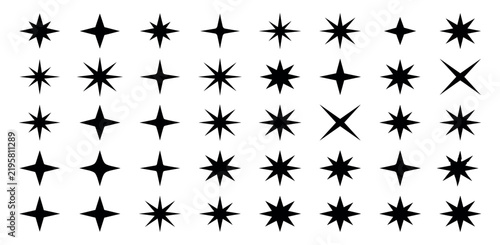 Sparkles, stars and bursts icons, twinkling stars.Vector set of different black sparkles icons on transparent background. Vector illustration	