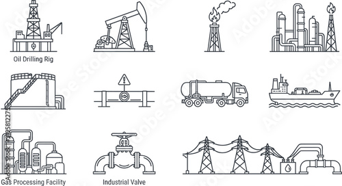Oil and Gas Heavy Industry Thin Line Vector Icon Set with Drilling Rig Refinery Pumpjack Tanker Pipeline and Processing Facility Symbols