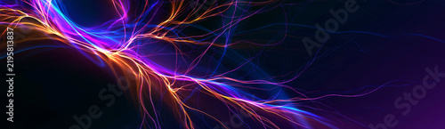 glowing orange and purple fiber optic lines on dark blue background