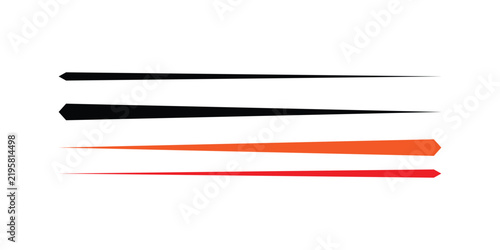 Set of four dynamic horizontal lines with tapered ends, conveying speed, motion, or a sense of urgency, in black, orange, and red colors, isolated on white.