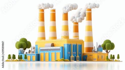 Low Poly 3D Render of Yellow and Blue Factory with Smoke Stacks and Green Trees on White Background