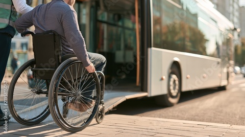 Man in wheelchair assisted by a caregiver boarding a public bus at a city stop, with urban buildings and a clear sky visible in the background, highlighting accessibility features in transportation