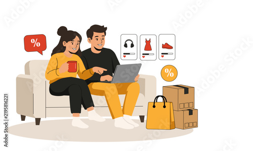 Couple shopping online together at home using laptop, browsing products and sale offers with shopping bag and delivery boxes. Flat vector illustration for e-commerce and online retail concepts.