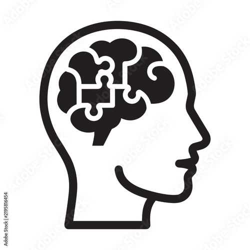 Black and white vector icon of human head profile with jigsaw puzzle brain for mental health and psychology concept