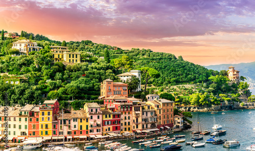 Obraz na płótnie beautiful landscape of famous italiat resort Portofino in Luguria with ancient h