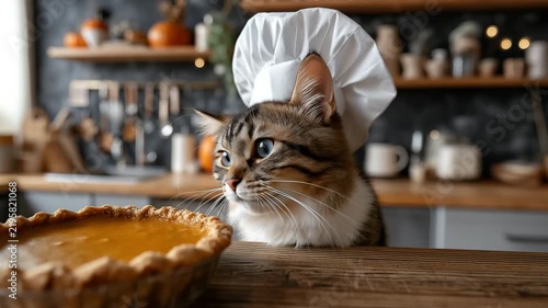 Cute cat in the kitchen with pumpkin pie in front of him,Thanksgiving
