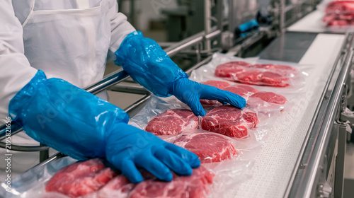 Workers in protective gloves are packaging fresh beef steaks on the production line of a meat processing plant.