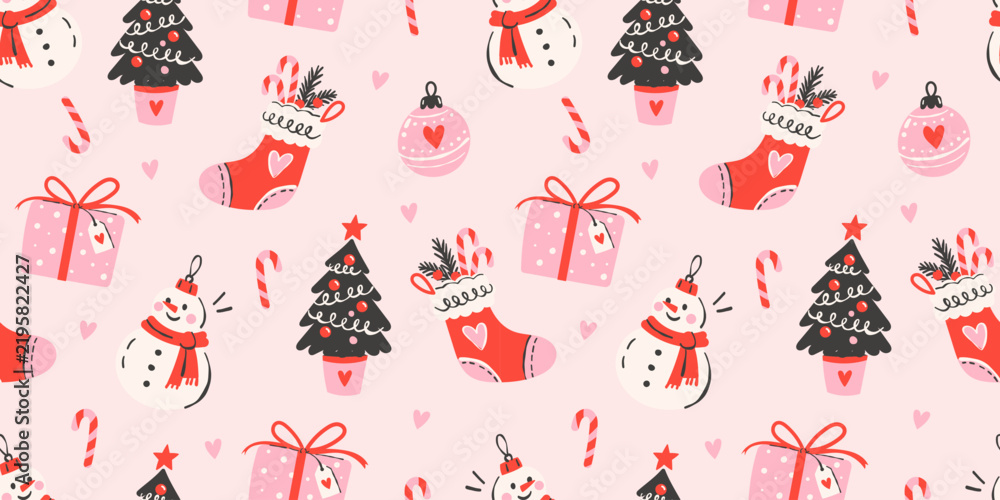 Obraz premium Christmas seamless pattern with hand drawn festive doodles. Cute red and pink holiday background with snowman, tree, stockings, gifts, ornaments and candy canes