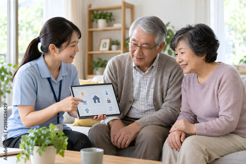 Obraz premium Home care worker explaining smart home controls to senior couple