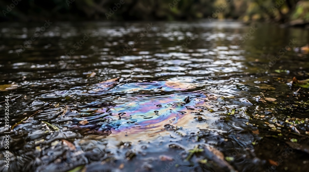 Obraz premium water pollution oil spill river contamination environmental disaster closeup