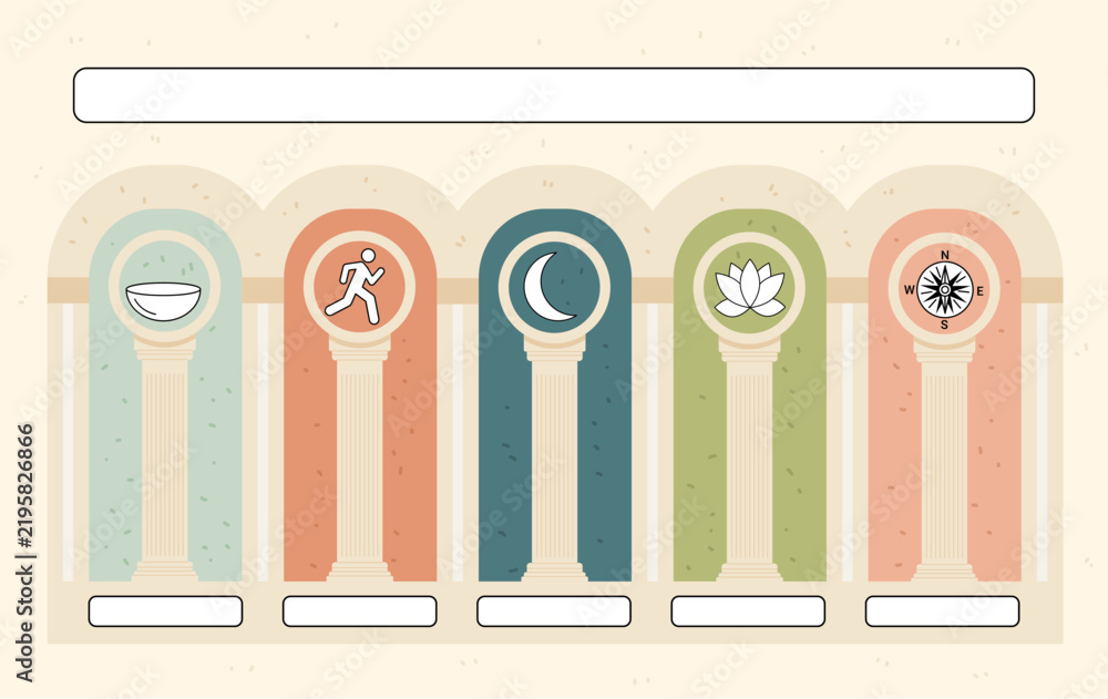 Obraz premium Five pillars of wellness poster holistic wellness concept showing classical columns with icons for nutrition exercise sleep mindfulness purpose pastel colors