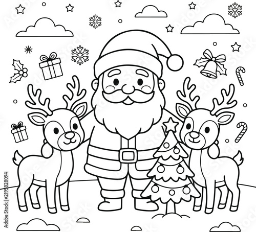Santa claus with two reindeer and christmas tree, coloring page for children