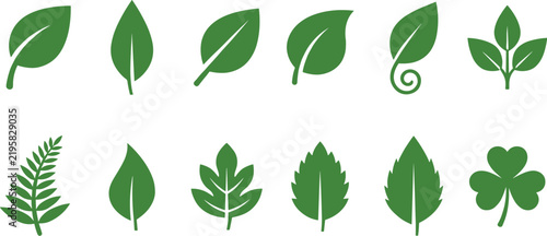 Green Leaf Icon Set with Botanical Foliage, Herbal Plants, Clover and Natural Nature Symbols for Eco Friendly Decorative Vector Designs