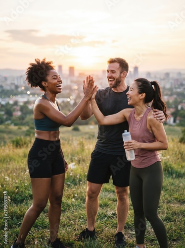 A diverse group of three friends celebrate with a high five after an outdoor workout session with the city skyline glowing at sunset.