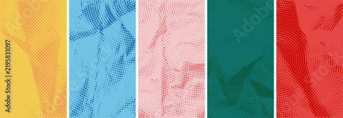 Colorful halftone grunge poster background set in yellow, blue, pink, teal and red. Abstract punk street art texture with dotted print pattern for poster, banner, flyer and graphic design