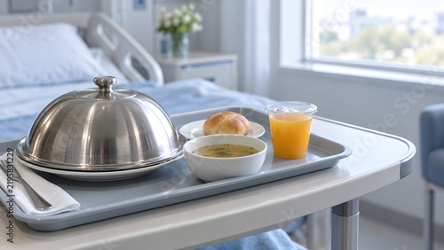 Hospital meal served on a tray with soup, bread roll, and juice in a patient room