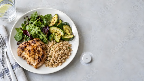 Grilled chicken with vegetables and rice served on a white plate