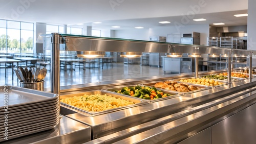 Serving food in a cafeteria with various dishes and a bright dining area