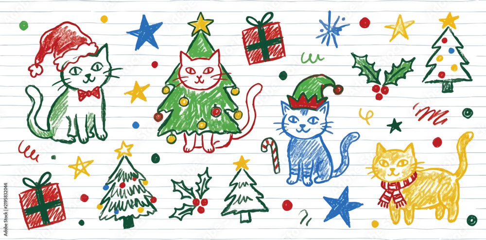 Fototapeta premium Hand-drawn Christmas cats doodle set on lined notebook paper