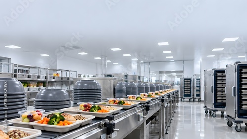 Modern kitchen preparing meals in a large facility for many people