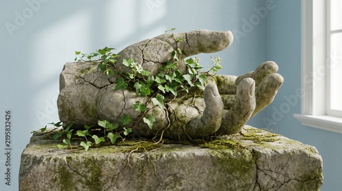 Stone hand sculpture overgrown with green ivy resting on a stone block near a bright window.