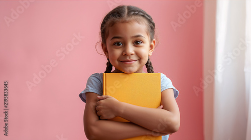 Portrait of little girl with braided hair gently holding school book against chest with arms crossed hiding hands in warm hopeful mood generative AI