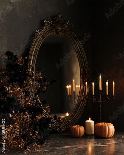 Gothic Halloween mirror with candles and pumpkins