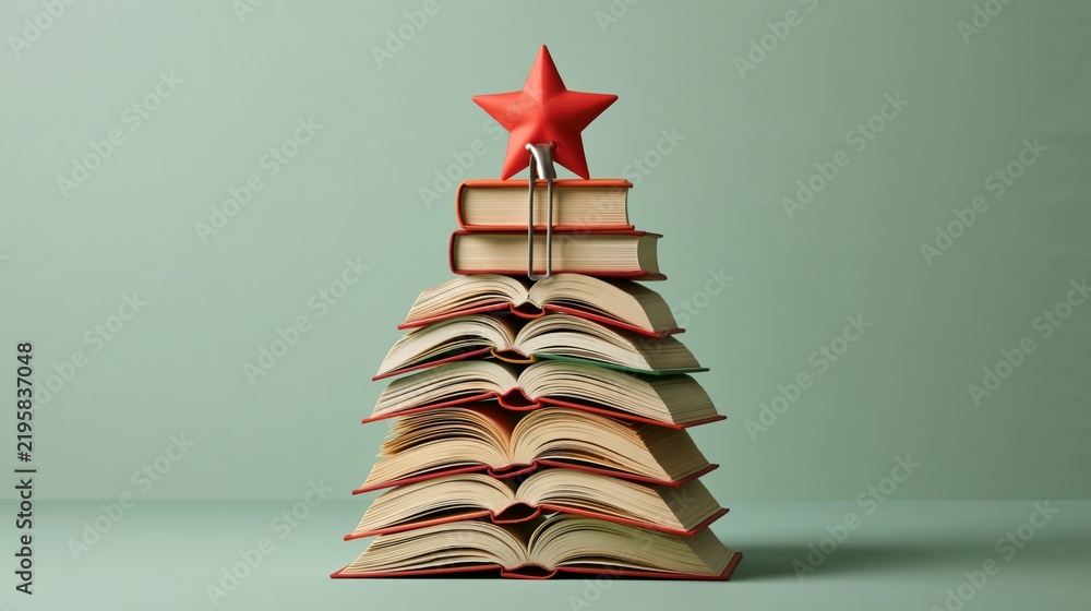 Fototapeta premium Surreal Christmas photo of a Christmas tree made of stacked books with bookmark star, pastel green wall.