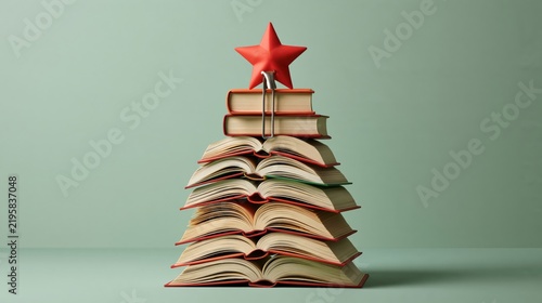 Surreal Christmas photo of a Christmas tree made of stacked books with bookmark star, pastel green wall.
