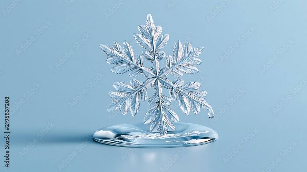 Obraz premium Humorous Christmas photo of a melting snowflake with droplet tear, pastel blue wall.