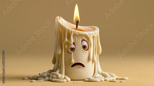 Funny Christmas photo of a panicked candle burning too fast with dripping wax, pastel yellow wall.