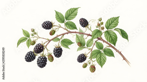 Detailed botanical illustration of a wild blackberry branch, showcasing ripe dark berries, developing green fruits, and vibrant foliage, ideal for natural food and plant designs