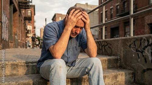 A distressed older man sitting on concrete steps in an urban alleyway, holding his head in his hands