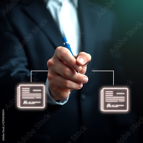 A person in a dark suit holding a blue pen and pointing towards two glowing digital document connected by a line on a dark background