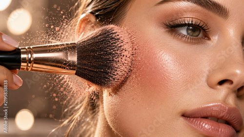 Professional makeup brush applying loose powder to a woman’s cheek in a detailed beauty close-up with warm studio lighting