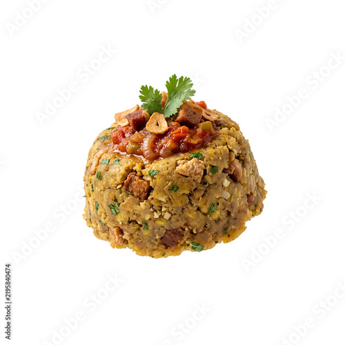 Puerto Rican mofongo topped with a savory red sauce and garlic chips isolated PNG. Traditional Puerto Rican dish isolated