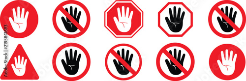 Red Forbidden Signs Featuring Don’t Touch Icons, No Entry Hand Labels, and Prohibited Symbols for Safety Signage