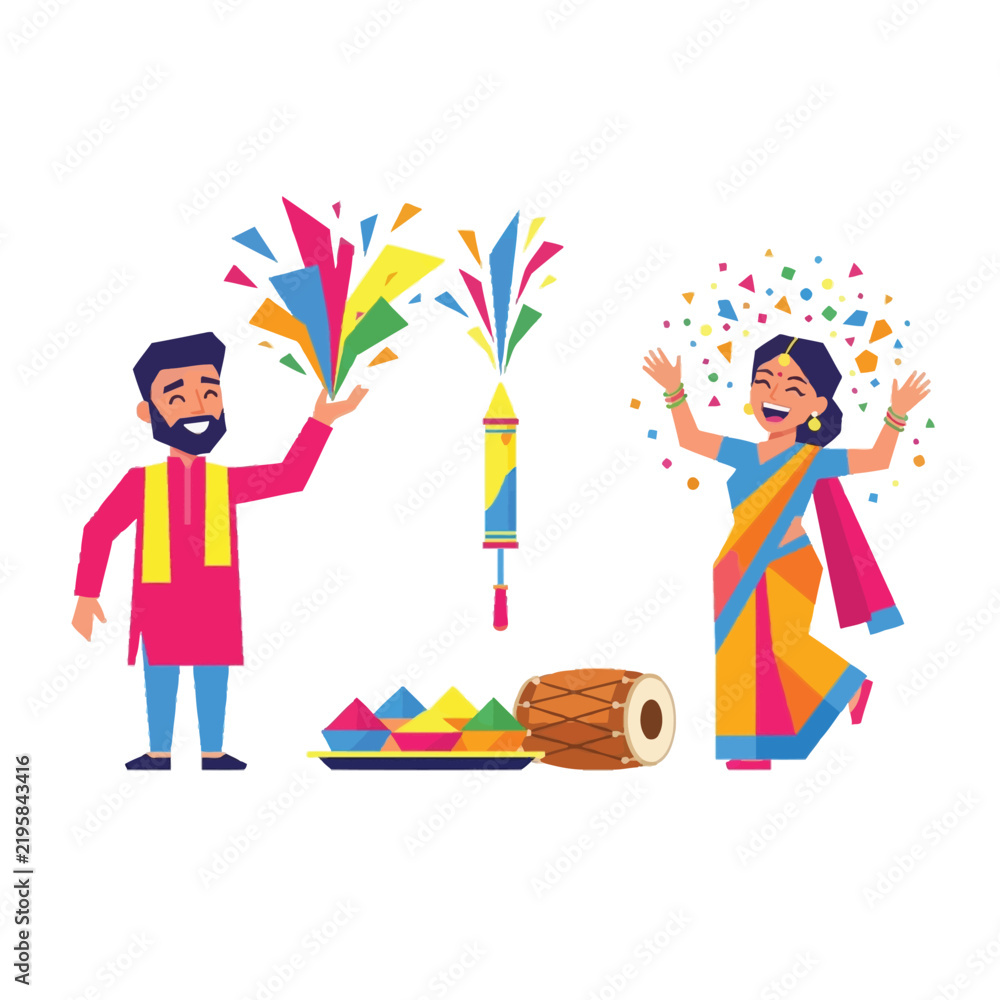 Fototapeta premium Couple celebrating holi festival with powder colors and traditional music