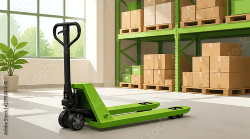 Green manual pallet jack standing in a modern warehouse with cardboard boxes on racks.