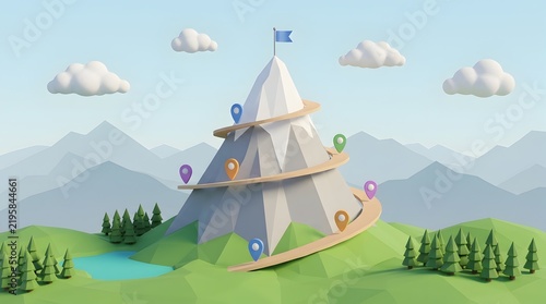 Stylized mountain with winding path and location pins leading to a flag on the summit symbolizing journey goals and achievement