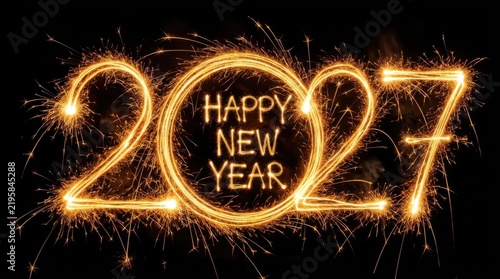 Happy new year 2027 greeting written with glowing golden sparkler light trails on dark background