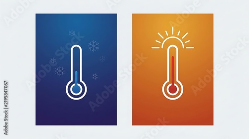 A digital illustration representing temperature contrast with a blue cold side featuring snowflakes and a red hot side with a sun icon