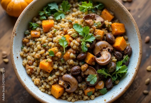 Premium food photography of an autumn grain bowl filled with cooked quinoa, roasted pumpkin, sautéed mushrooms, fresh leafy greens, toasted walnuts and pumpkin seeds.