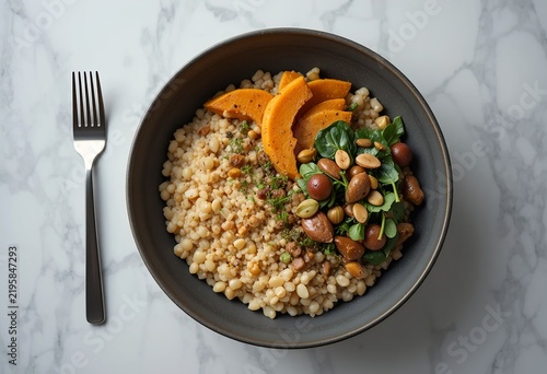Modern restaurant-style autumn grain bowl with pearl couscous, roasted pumpkin wedges, golden sautéed mushrooms, baby spinach, microgreens, toasted hazelnuts and pumpkin seeds, matte ceramic bowl.