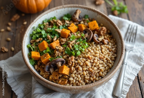 Rustic autumn grain bowl served in a handmade ceramic bowl, warm barley grains, roasted pumpkin, wild mushrooms, fresh mixed greens, toasted walnuts and herbs, wooden farmhouse table, linen napkin.