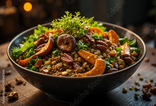Elegant autumn grain bowl, wild rice and quinoa, roasted caramelized pumpkin, gourmet mushrooms, tender leafy greens, toasted pecans and pumpkin seeds, microgreens and delicate herb garnish.