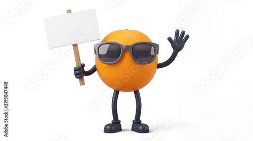 Cute orange fruit character holding blank sign while waving hand wearing dark sunglasses on white background